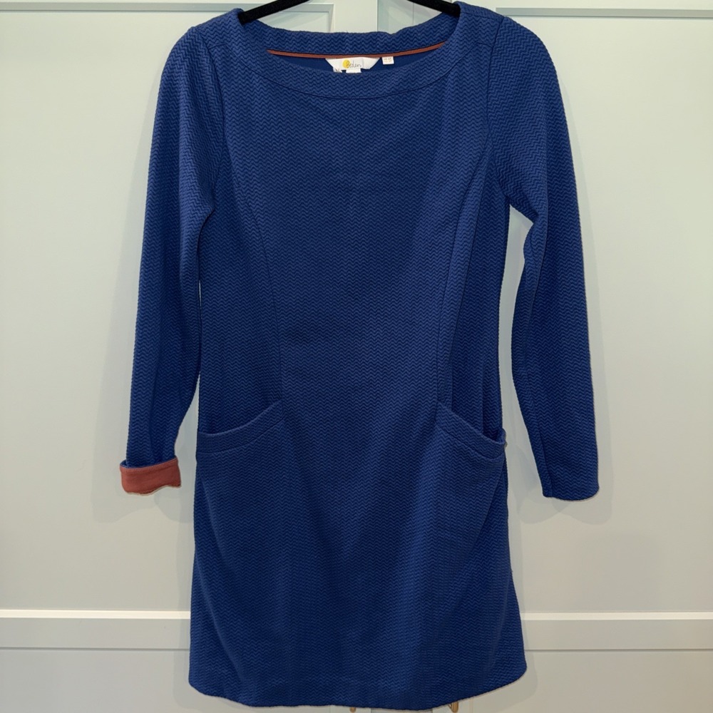 Boden Blue‎ Textured Chevron Knit Shift Dress with Pockets Rust Hem 2P Boat Neck